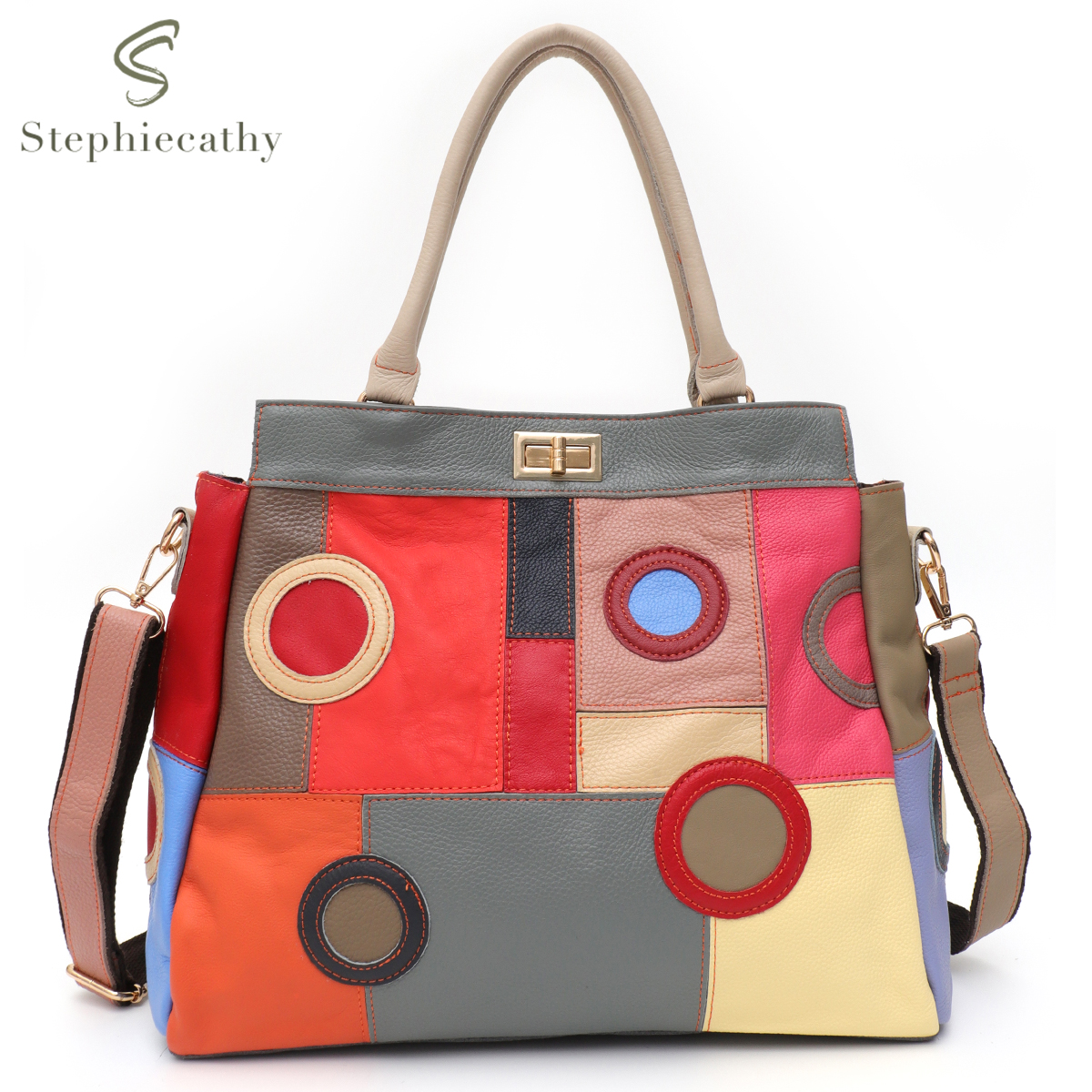 Leather Work Handbag - SC Chic Renkli Gerçek Deri Geometri