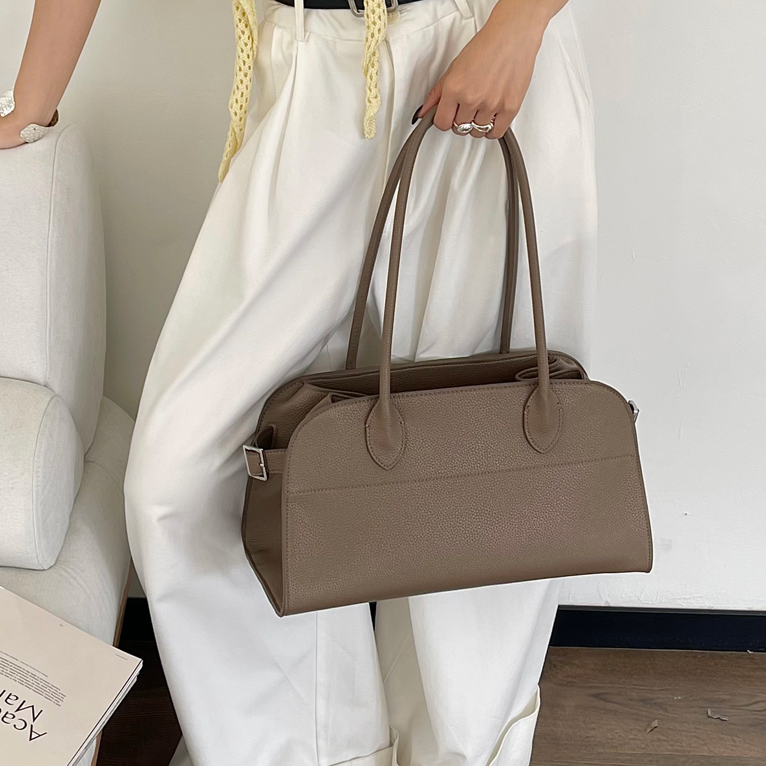 Leather Work Handbag - Litchi Tahıl Doku Tote Çanta Kadınlar